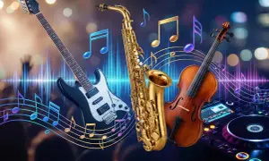 Gitara, saksofon i skrzypce symbolizują różne rodzaje muzyki, od rocka po klasykę. Nuty unoszą się w powietrzu, tworząc magiczną atmosferę.