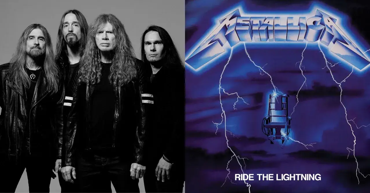 Czterech muzyków zespołu Metallica obok okładki albumu