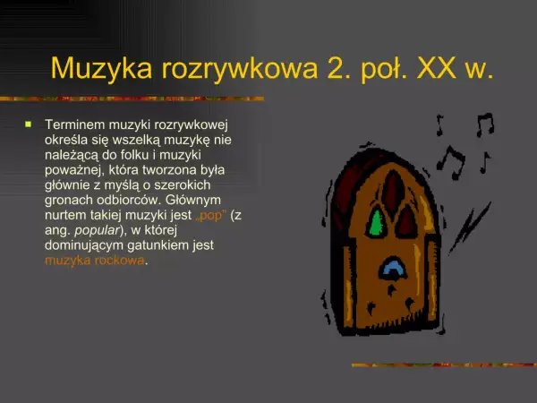 Rodzaje muzyki rozrywkowej: pop i rock. Ilustracja przedstawia radio i nuty, symbolizujące muzykę.